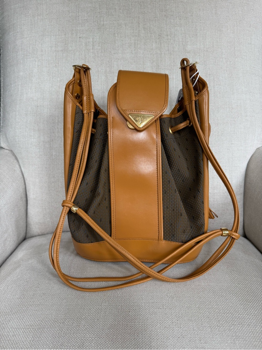 YSL Leather-Trim Brown Canvas Bucket Bag with Adjustable Strap